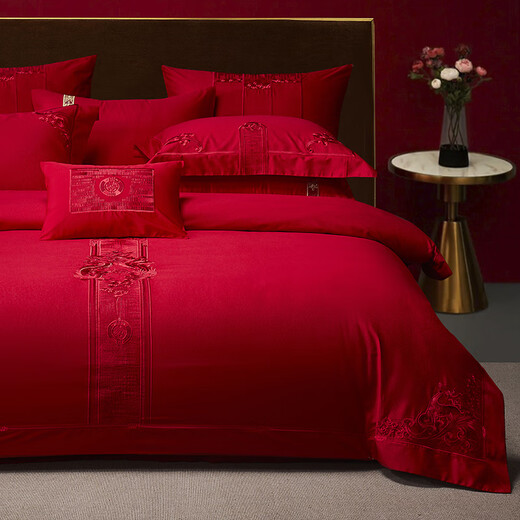 Leeland Home Textile haut de gamme des années 100 NOUVELLE broderie chinoise Dahong Liber de mariage en quatre parties Multi-pièces de litière de mariage Jinxiu Hongzhuang Four pièce de lit 1,8 / 2,0 mètres adapté à (220 * 240 cm de courtepointe)