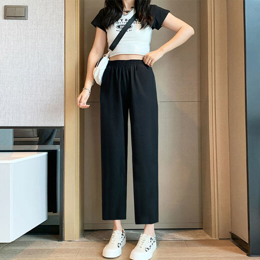 黑色九分阔腿裤女夏季薄款宽松垂坠感高腰显瘦休闲裤子潮 829春秋九分裤【有口袋】 M 建议95-110斤