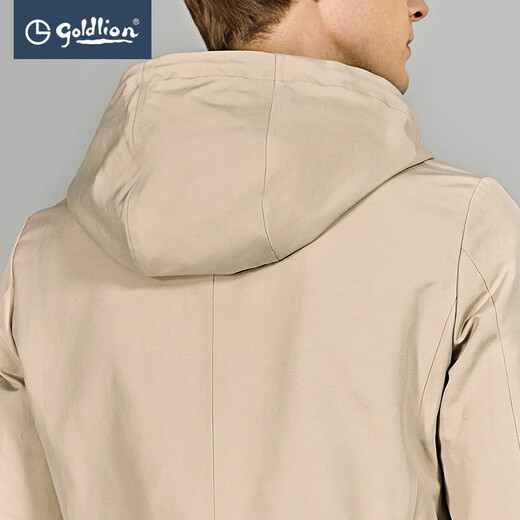 Goldlion Outlet Men's Spring and Autumn Windproof Stylish Drawstring Waist Mid-Length Hooded Men's Windbreaker Jacket 69-Khaki 3XL