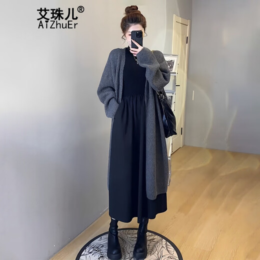 Aizhuer Kleid (Aizhuer) neuer Modeanzug für Frühling und Herbst 2025 Tragen Sie einen kompletten Set kleiner gestrickter Jacke für Frauen Strick -Strickjacke + Kleid (Anzug) XL