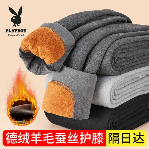 Playboy Warm Pants Men's Cotton Pants Men's Cotton Wool Pants German Velvet Pants Plus Velvet Thickened Plus Velvet Knee Pads Leggings Autumn and Winter Black XL