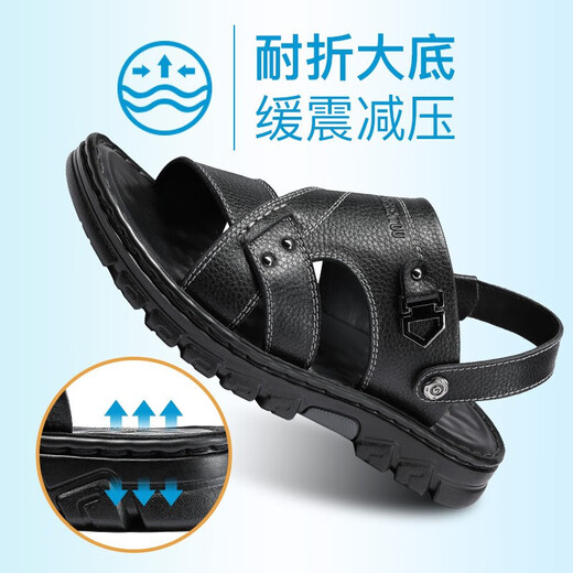老人头（LAORENTOU）沙滩鞋男拖鞋头层牛皮荔枝纹鞋拖两用户外凉鞋 LT12033 黑 38