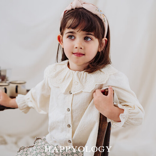 Happyology British children's tops girls embroidered shirt lapel spring and autumn embroidered long-sleeved shirt khaki 86 (86cm)