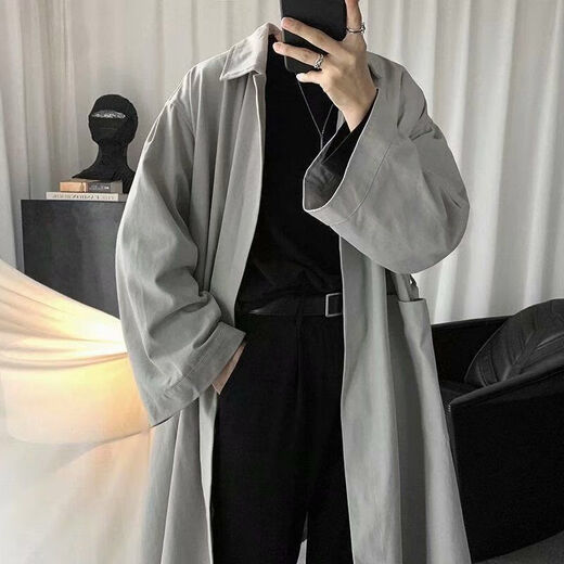 EJOT懒惰系男士风衣中长款春夏秋薄款三件套韩版宽松潮流帅气风衣外套 黑色单件 2XL_140-160
