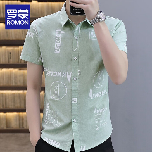 
ROMON summer printed shirt men's short-sleeved floral youth trendy slim Korean version green cotton casual floral shirt thin 9903 red L 110-125Jin [Jin equals 0.5 kg]