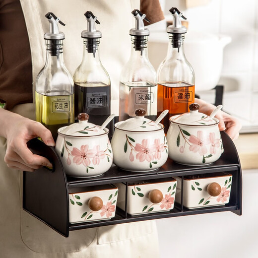 Duomeiran kitchen high-end seasoning jar ceramic salt jar chili jar household seasoning box seasoning bottle jar seasoning combination set Sakura three-piece set + ceramic plate