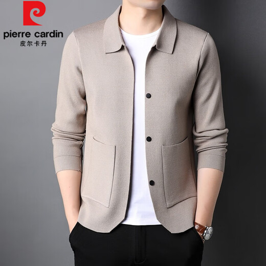 皮尔卡丹（pierre cardin）轻奢高档男装 针织开衫男2022春秋季休闲纯色毛衣外穿中青年男装 卡其 175/L