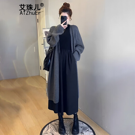 Aizhuer Kleid (Aizhuer) neuer Modeanzug für Frühling und Herbst 2025 Tragen Sie einen kompletten Set kleiner gestrickter Jacke für Frauen Strick -Strickjacke + Kleid (Anzug) XL