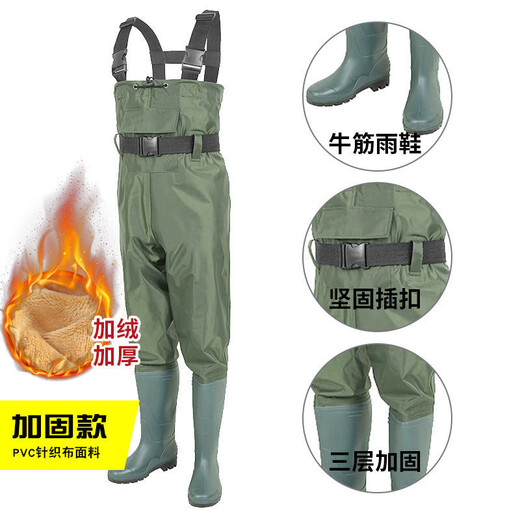 Imported from Japan and Germany, one-piece waders, thickened half-length rain pants with rain boots, men's reservoir fishing leather fork waterproof pants, military green PVC, lightweight and waterproof 42 (according to usual shoe size)