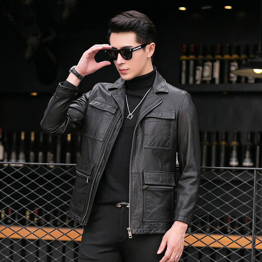 GUHELUN light luxury brand men's clothing spring and autumn new oil wax cowhide leather genuine leather jacket men's lapel workwear mid-length leather jacket Black XL (175)