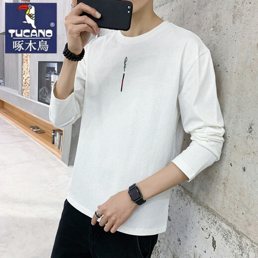 Specht (Tucano) Langarmed T-Shirt Herren Spring und Herbst Dünnes Baumwollbasis-Hemd Frühling und Herbst Plus Größe Herrenhemd außerhalb Herbst Kleidung 692 Aprikosenfarbe 5xl
