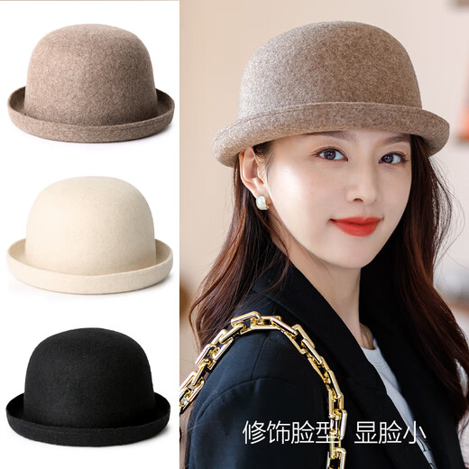 蓝诗梦戴渔夫帽子女士秋冬季羊毛盆帽时尚圆顶礼帽保暖卷边毛呢百搭大头围 咖啡色 均码适合55-58cm