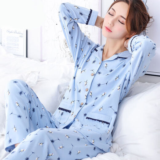俏丽雅（qiaoliya）纯棉双面睡衣女春秋季长袖大码全棉家居服套装学生夏月子服冬 854 M