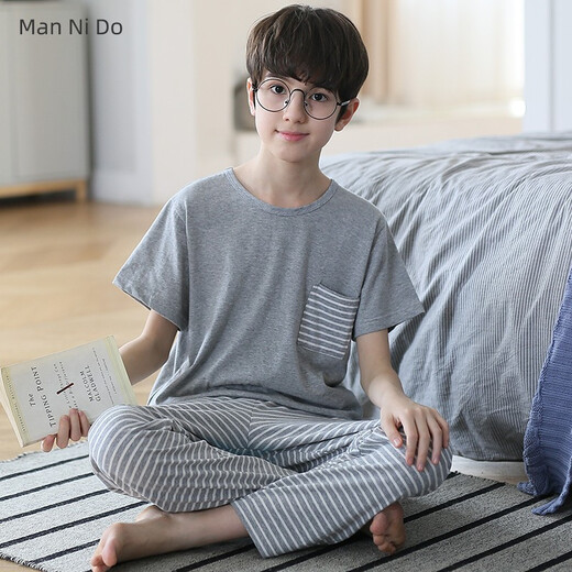 曼妮朵儿童睡衣男童短袖长裤大童家居服夏青少年全棉男孩纯棉空调服套装 N9901【短长】 130 14码建议125-135cm