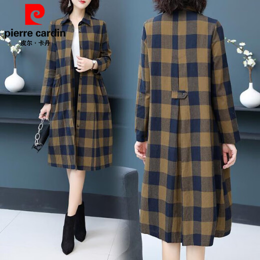 Pierre Cardin pure cotton plaid mid-length shirt for women spring and autumn new style large d size over-the-knee windbreaker loose long-sleeved shirt jacket plaid XL recommended 120-136 Jin Jin equals 0.5 kg