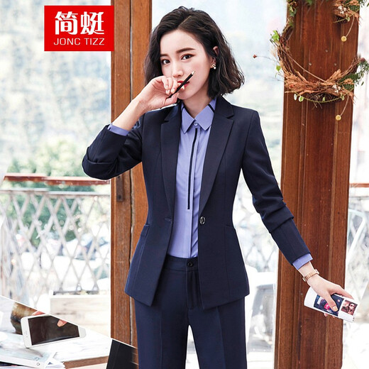 Jian Ting professional wear women's suit new fashion spring and autumn temperament women's suit work clothes suit interview formal work wear navy blue suit + trousers L