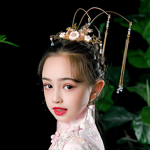 Hanfu headdress children and girls hair crown ancient style crown ancient costume hair accessories ancient girl crown national trend rocking phoenix crown golden phoenix 3 and a half-Yanghe-Jin