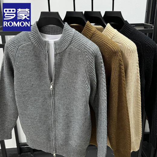 ROMON double zipper stand-up collar cardigan for men thickened wool sweater for autumn and winter solid color slim mid-collar knitted jacket medium gray L /110