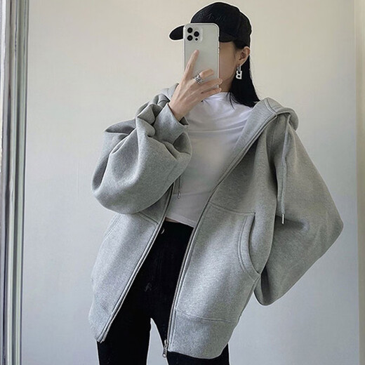 OYZ trendy gray hooded sweatshirt for women spring and autumn thin vintage zipper cardigan jacket new loose trendy ins gray M