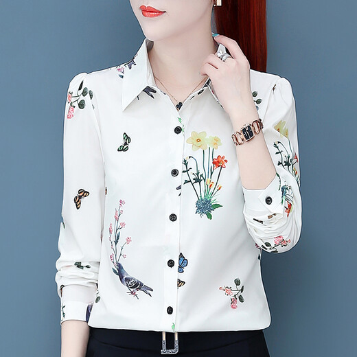 Ran Yilan middle-aged man's summer long-sleeved clothes for women's printed chiffon shirt for women spring and autumn new mother's outfit retro 3519 big red one size s