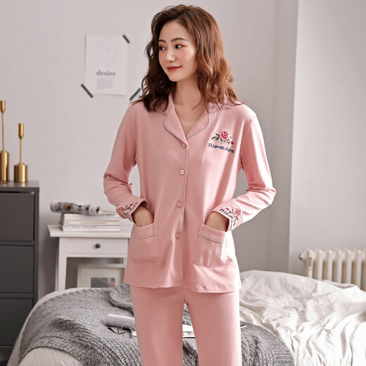猫人睡衣女士春秋款纯棉开衫长袖100%全棉可外穿中老年家居服套装 829 L（建议体重100-120斤）
