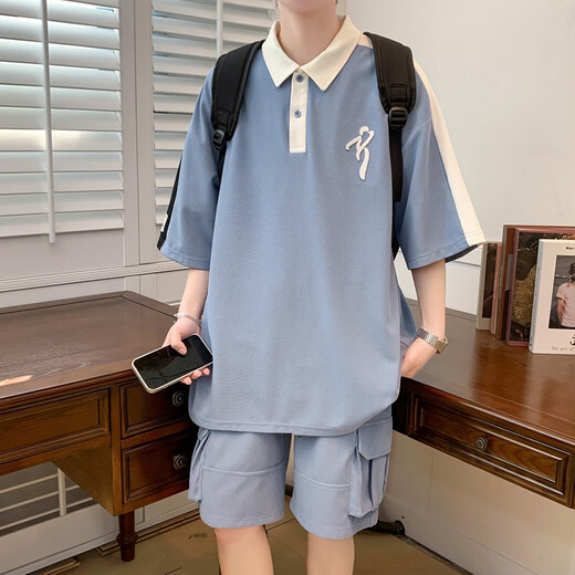 柏乐迪（BAILEDI）夏季短袖t恤胖男孩12-15岁初中高中学生帅气POLO衫14大童运动套装 6630杏色（短袖+短裤） 160 M（建议体重80-110斤左右）