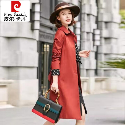 Pierre Cardin (Pierre Cardin) Women's Spring and Autumn New Women's Clothing Simple Korean Style Slim Slim Mid-Length Windbreaker Hong Kong Style Outer Brick Red XL 120-130Jin Jin is equal to 0.5 kg
