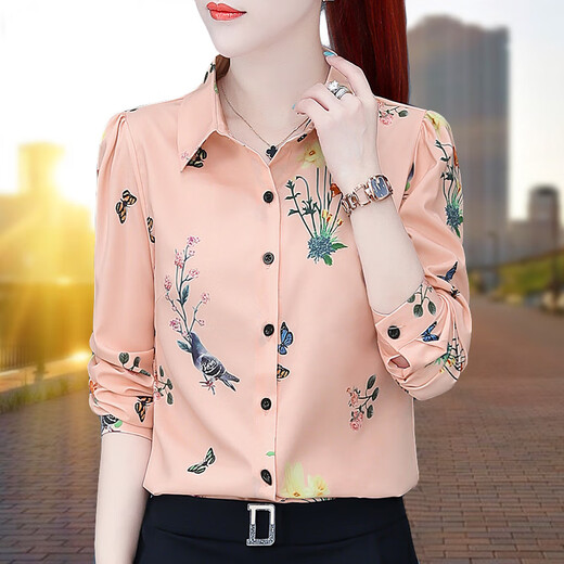 Ran Yilan middle-aged man's summer long-sleeved clothes for women's printed chiffon shirt for women spring and autumn new mother's outfit retro 3519 big red one size s