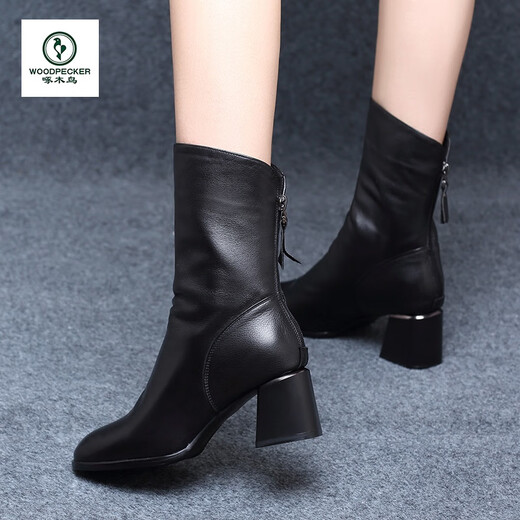 Woodpecker women's shoes women's genuine leather Martin boots women's 2025 new autumn and winter short boots women's boots plus fleece snow boots women's black (add fleece to keep warm) 35