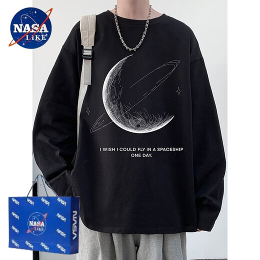 NASALIKE重磅长袖T恤男春秋潮牌宽松印花体恤青少年休闲纯棉黑色打底衫夏 TX3246黑色+TX3291白色 3XL (约160~180斤可穿)