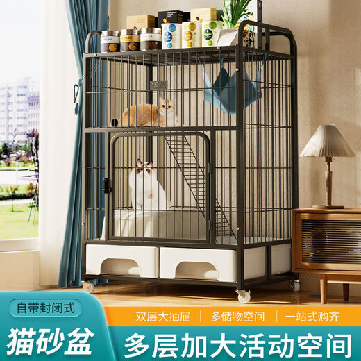 Raft core cat cage with toilet, suitable for 2 big cats, indoor double-layered three-story cat villa with extra large free space, new black, second floor, with closed basin, package 1, double bowls + straps + shovel