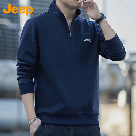 Jeep (JEEP) sweatshirt men's autumn and winter loose stand-up collar long-sleeved T-shirt men's heavy trend clothing men's navy blue XL