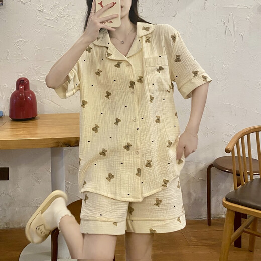 颂玫芬睡衣女夏季新网红风短开衫棉2025年可爱日系s家居服套装 s_854#双短 绿口袋花边 均码 xxl
