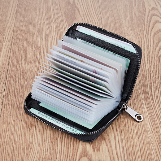 Genuine pickup bag for men, anti-theft brush, multiple card slots, zipper, thin, compact, credit document card bag, large capacity, female card holder, anti-degaussing, mirror window style, black, first-layer cowhide