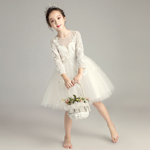 Xiaoka Yi Nong Girls Princess Dress Long Sleeve Flower Girl Wedding Dress Children Piano Host Evening Dress Little Girl Performance Clothes Off Code White 651-1 Long Sleeve 120cm