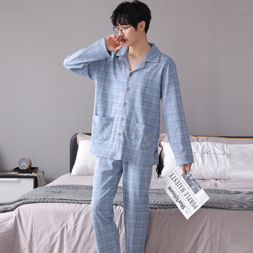Cat Man Pure Cotton Pyjamas Herren Frühling und Herbst Langarmhose großer Größe lässig losen Heimkleidung Set Alle Baumwolle können äußere Verschleiß 3880 Hellblau M [vorgeschlagen 90-110jin [Jin gleich 0,5 kg]]
