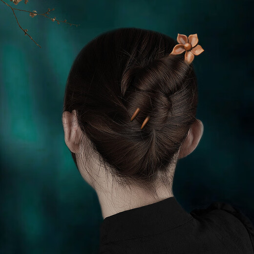 Beautiful wood U-shaped hairpin, double hairpin, natural peach wood hairpin, handmade ancient style, simple, modern and high-end, new Chinese style Hanfu headdress, peach wood flower double hairpin