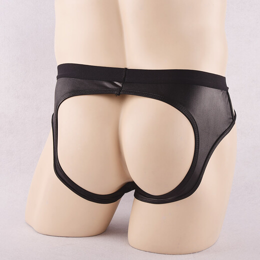 Ye Zimei men's patent leather briefs sexy open crotch hollow thong men's sexy underwear wide edge metal ring 4128 one size