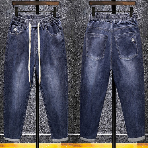 梦园朵夏季牛仔裤男士松紧腰高弹力宽松版型休闲裤男韩版潮流小脚裤长裤 常规 3887黑色 28  90-105