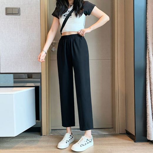 黑色九分阔腿裤女夏季薄款宽松垂坠感高腰显瘦休闲裤子潮 829春秋九分裤【有口袋】 M 建议95-110斤