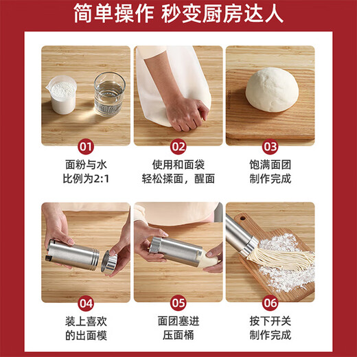 Rongshida handheld noodles machine for home portable noodle press machine gun fully automatic small electric noodle 2024 new stainless steel home electric noodle press machine standard model [5 molds + enema *3]