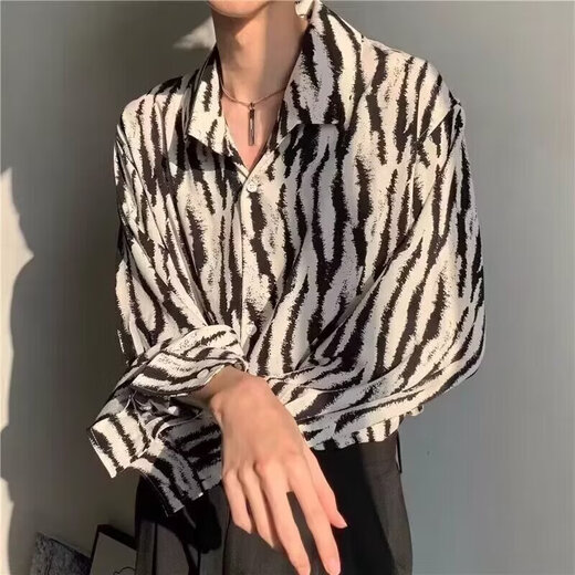 凯丁森（kaidinsen）长袖潮流慵懒潮系黑白斑马纹衬衫设计感衬衣青少年秋季外套 诺世嘉顿-687黑色 L