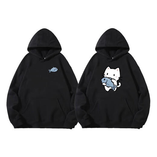 MDlila <Two-piece> Couple's Sweatshirt Autumn and Winter Suit Red One Man and One Woman Loose Hooded Jacket Fish-Eating Cat Male Black + Female Black (Spring and Autumn Style) XL Male + Female M