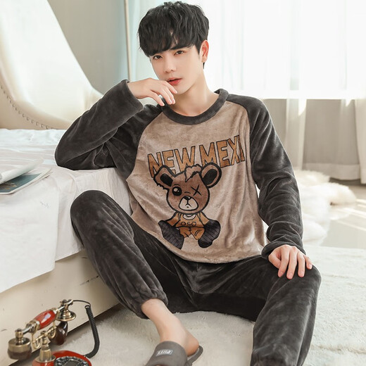 Pyjama masculin pour hommes en automne et flanelle d'hiver épais chauds d'âge moyen et jeunes étudiants dessin animé coues rond vêtements de maison d'hiver wyex3882 pour hommes en L (recommandé 90-115 Jin [Jin est égal à 0,5 kg])