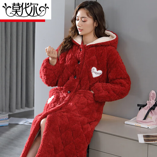Camisón modal de felpa para mujeres en el terciopelo de coral de invierno en el terciopelo de coral espesado y alargado de algodón de algodón suplicado para mujeres con bata de baño con capucha calientes 9871# Botón Botte 2xl 140-160Jin [Jin equivale a 0.5 kg]