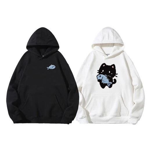 MDlila <Two-piece> Couple's Sweatshirt Autumn and Winter Suit Red One Man and One Woman Loose Hooded Jacket Fish-Eating Cat Male Black + Female Black (Spring and Autumn Style) XL Male + Female M