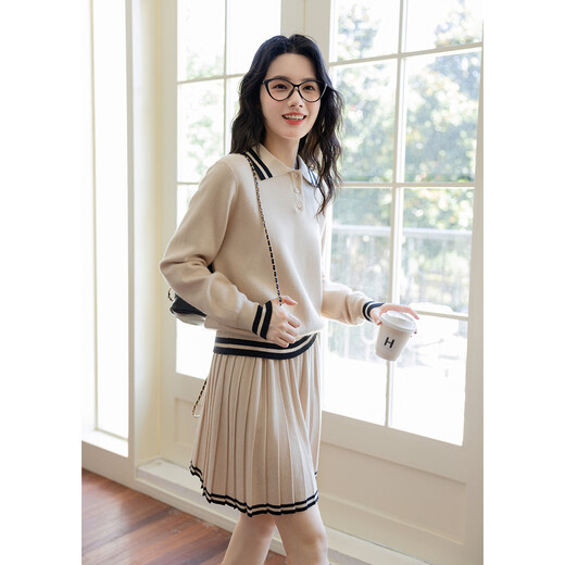 Demana campus retro style college style age-reducing short skirt two-piece lapel slim casual striped knitted suit for women