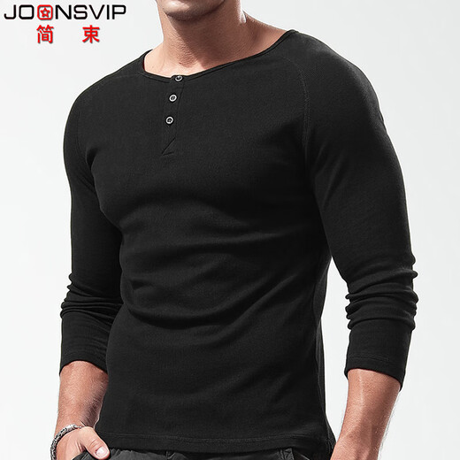 Simple henley shirt men's long-sleeved T-shirt henley collar simple American retro heavyweight sports fitness slim thread solid color cotton bottoming shirt black XL/73kg