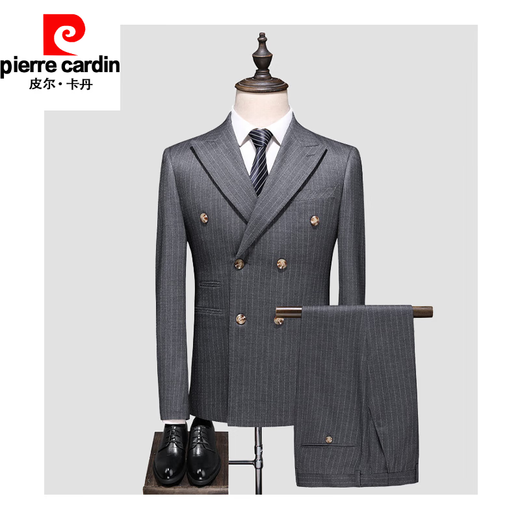 Pierre Cardin Light Luxury High-end Brand Men's Clothing Double-breasted Business Suit Suit Men's Korean Style Slim Groom Wedding Dress British Style Striped Custom Suit Versatile New Knitted Gray Two-piece Set S/46