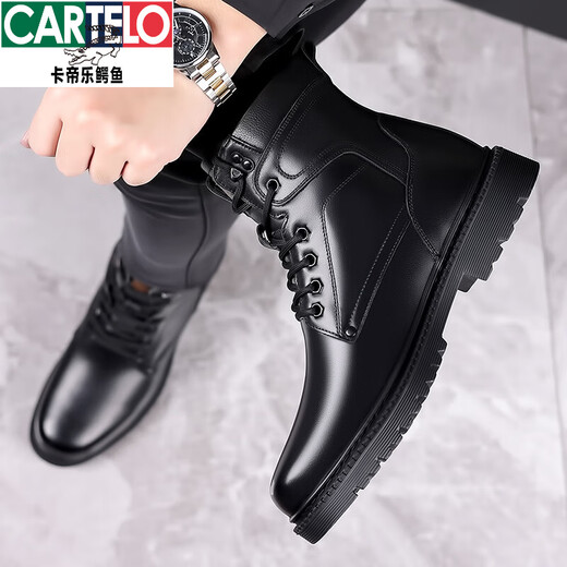 Katile crocodile men's sheepwool lint shoes pure cowhide lint shoes winter warm plus velvet middle-aged Martin snow boots leather boots [same style in the mall] 3518 [black wool flat sole 40